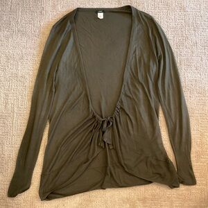 💫🌿 J.Crew 2010s Olive Green Rayon Silk Tie-Front Cardigan Sweater L Minimalist
